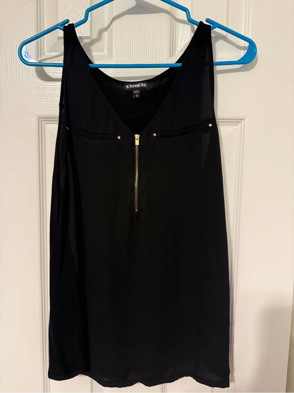 Express Black Sleeveless Zip-Front Tank with Gold Accents